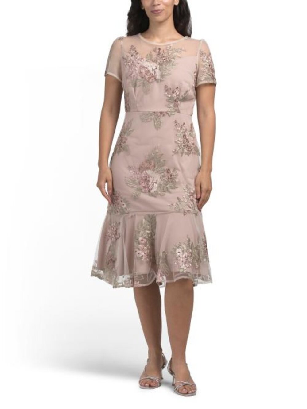 R&M RICHARDS Petite Midi Length Floral Mesh Dress
